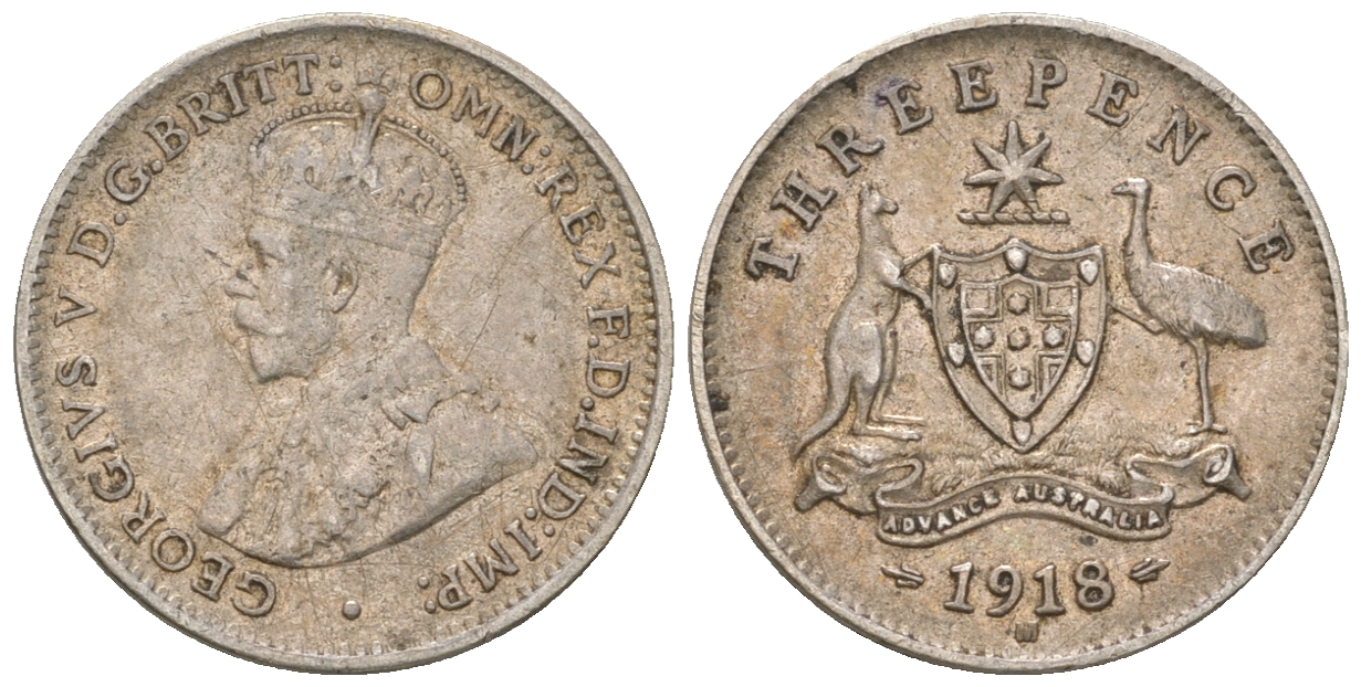 Австралия 3 пенса 1918 Георг V (1910-1936), герб Австралии KM 24 серебро 4385-651