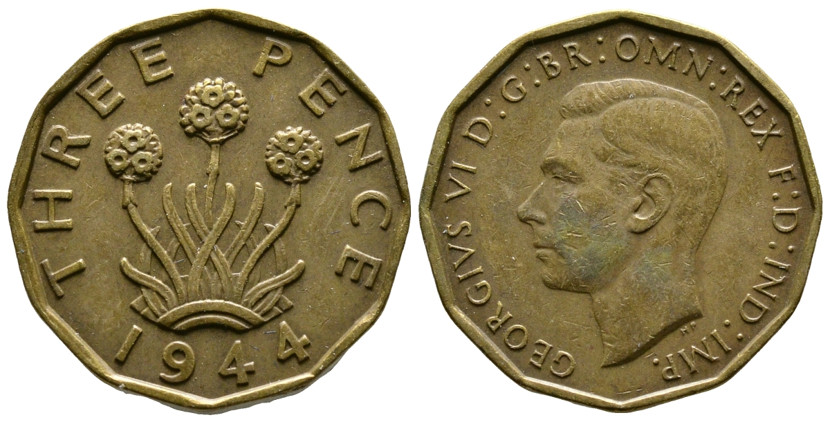 Великобритания 3 пенса 1944 Георг VI (1936-1952) KM 849, Spink 4112 никель латунь 51-936