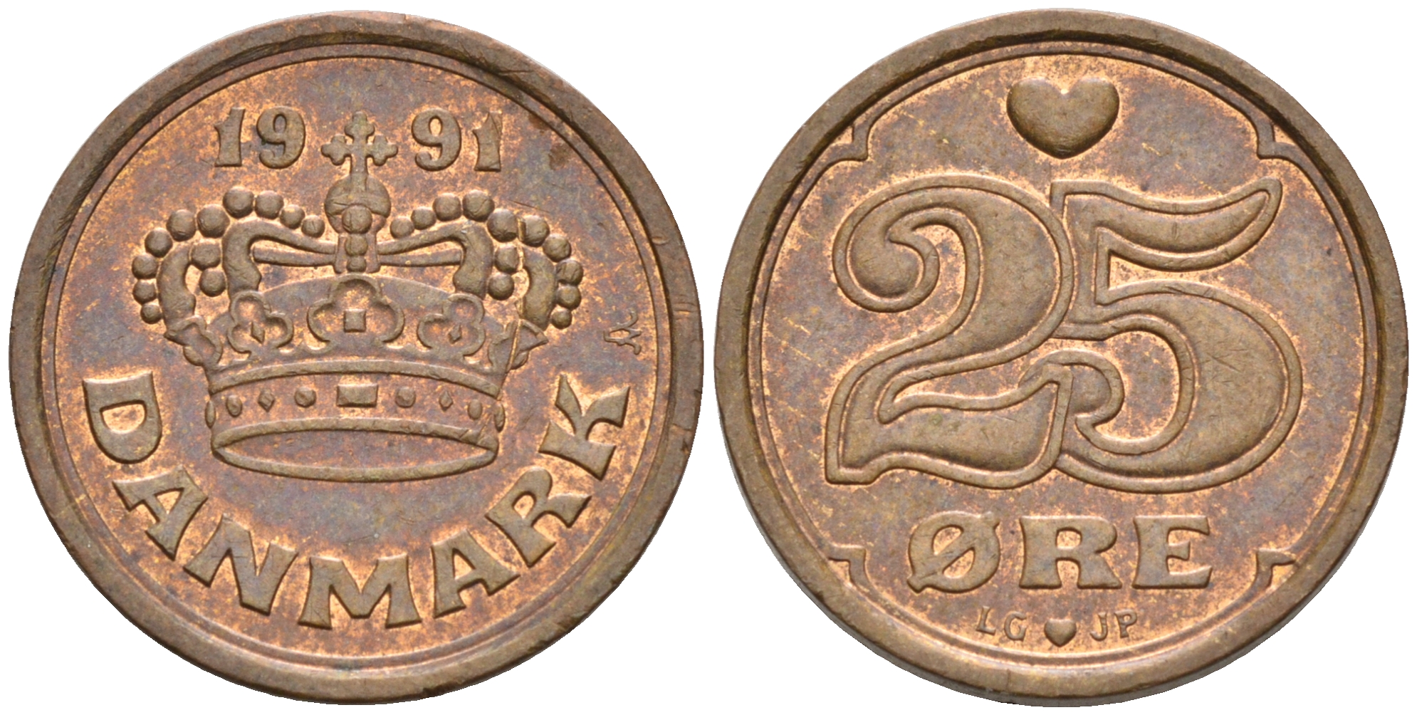 ДАНИЯ 25 ЭРЕ 1991 LG; JP; A, МАРГРЕТЕ II (1972-) KM 868.1 бронза 75-146