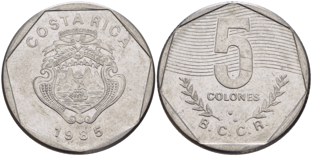 Коста-Рика 5 колонов 1985 B.C.C.R. KM 214.2 нержавеющая сталь 82-1011