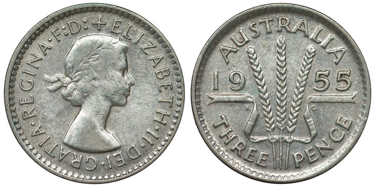 Австралия 3 пенса 1955 m, Елизавета II (1952-2022) KM 57 серебро 71-426