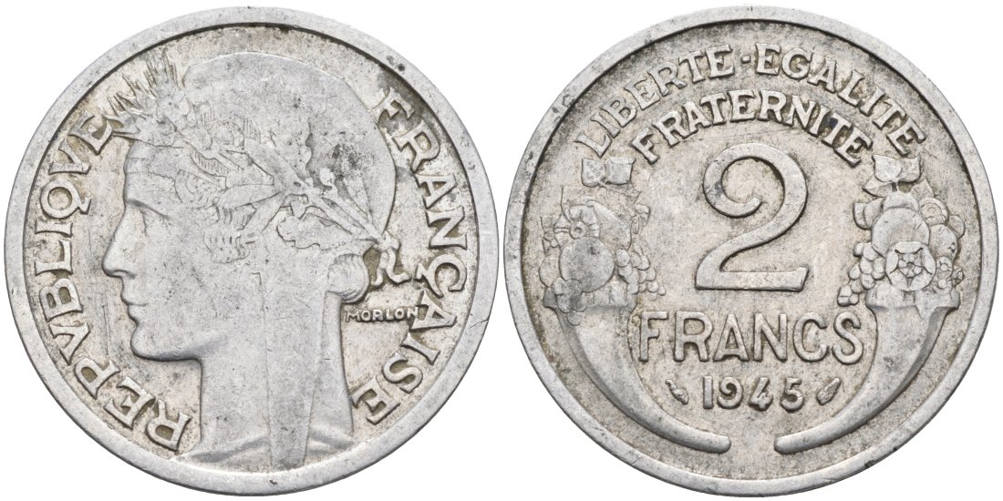 ФРАНЦИЯ 2 ФРАНКА 1945 ТИП MORLON KM 886a.1, LE FRANC 269.5 алюминий 4573-1014