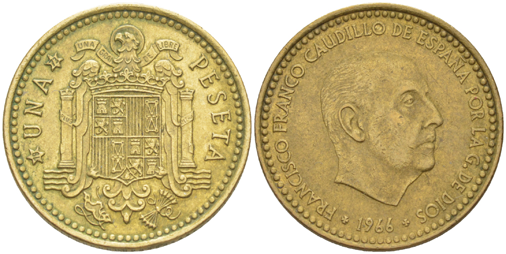 ИСПАНИЯ 1 ПЕСЕТА 1966 (73) ФРАНСИСКО ФРАНКО ДИКТАТОР ИСПАНИИ ( 1939- 1975) KM 796 алюминиевая бронза 216-615