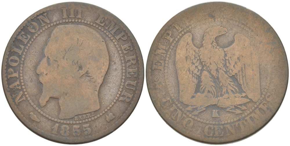 ФРАНЦИЯ 5 САНТИМОВ 1855 K, НАПОЛЕОН III (1852-1870) KM 777.5, LE FRANC 116.24 бронза 217-213