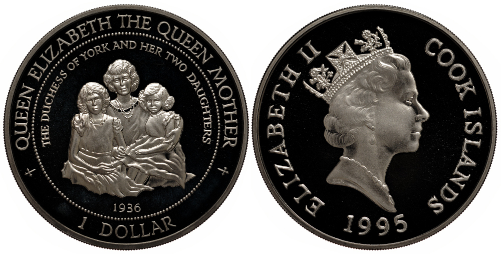 Острова Кука 1 доллар 1995 королева Елизавета-королева мать, в оригинальном картонном буклете, королева и две ее дочери, тираж 30000 экземпляров KM 266 медно-никель PROOF 7-5-6-18