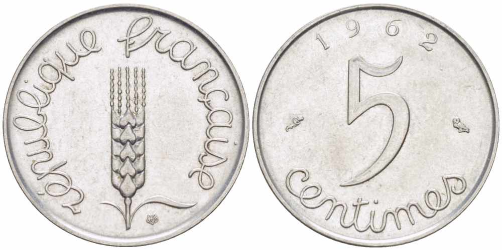 ФРАНЦИЯ 5 САНТИМОВ 1962 ПЯТАЯ РЕСПУБЛИКА KM 927, LE FRANC 124.4 хромированная сталь 105-426