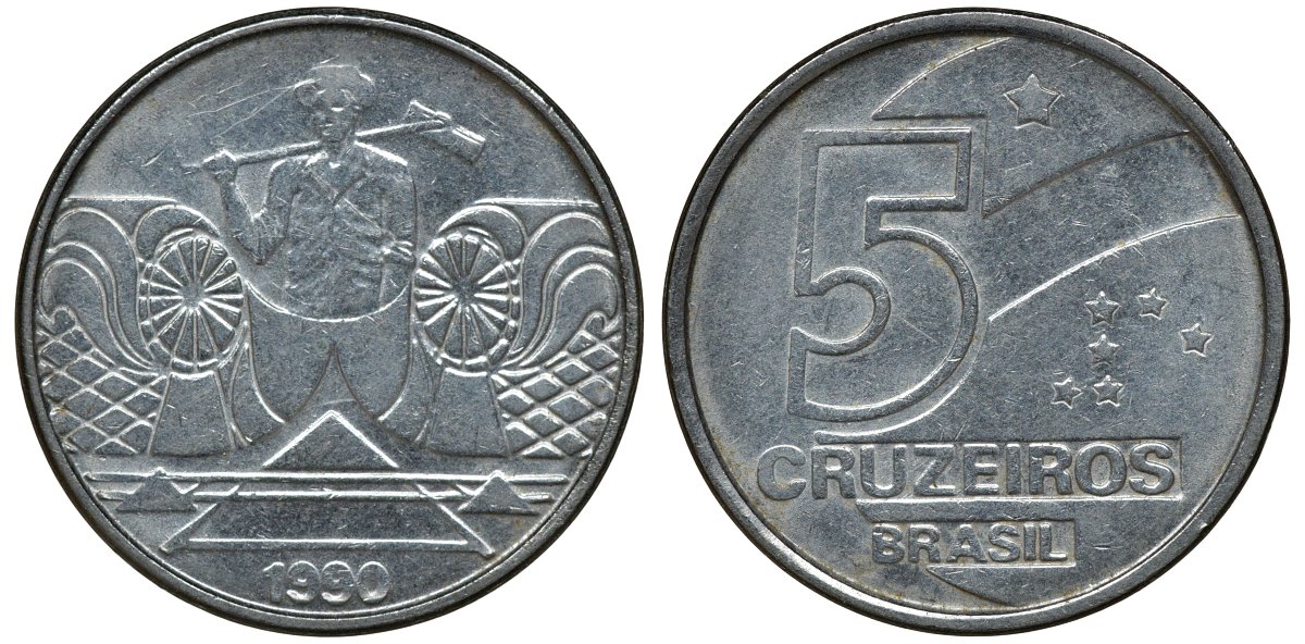 Бразилия 5 крузейро 1990 фермер KM 618.1 нержавеющая сталь aUNC 72-951