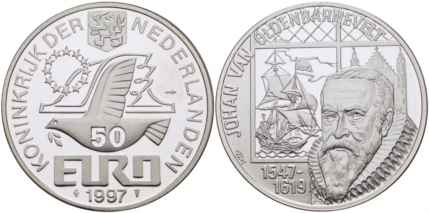 Нидерланды 50 евро 1997 Йохан ван Олденбарневелт (1547-1619), парусник серебро PROOF 1077-4-31