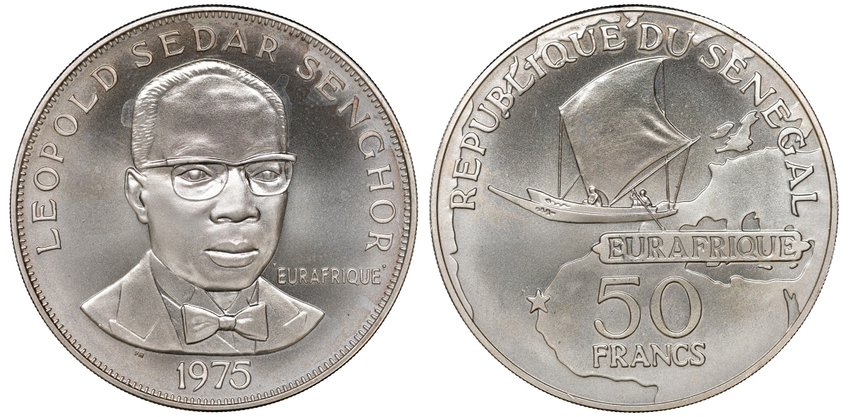 Сенегал 50 франков 1975 25 лет Евро-Африканской программе, парусник KM 5 серебро UNC 00-801-19