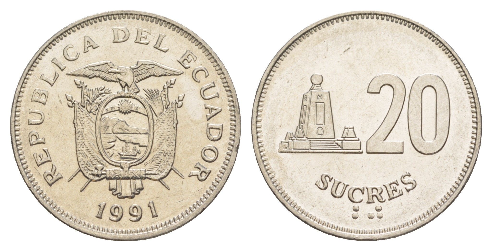 Эквадор 20 сукре 1991 KM 94.2 сталь плакированная никелем UNC 4641-723