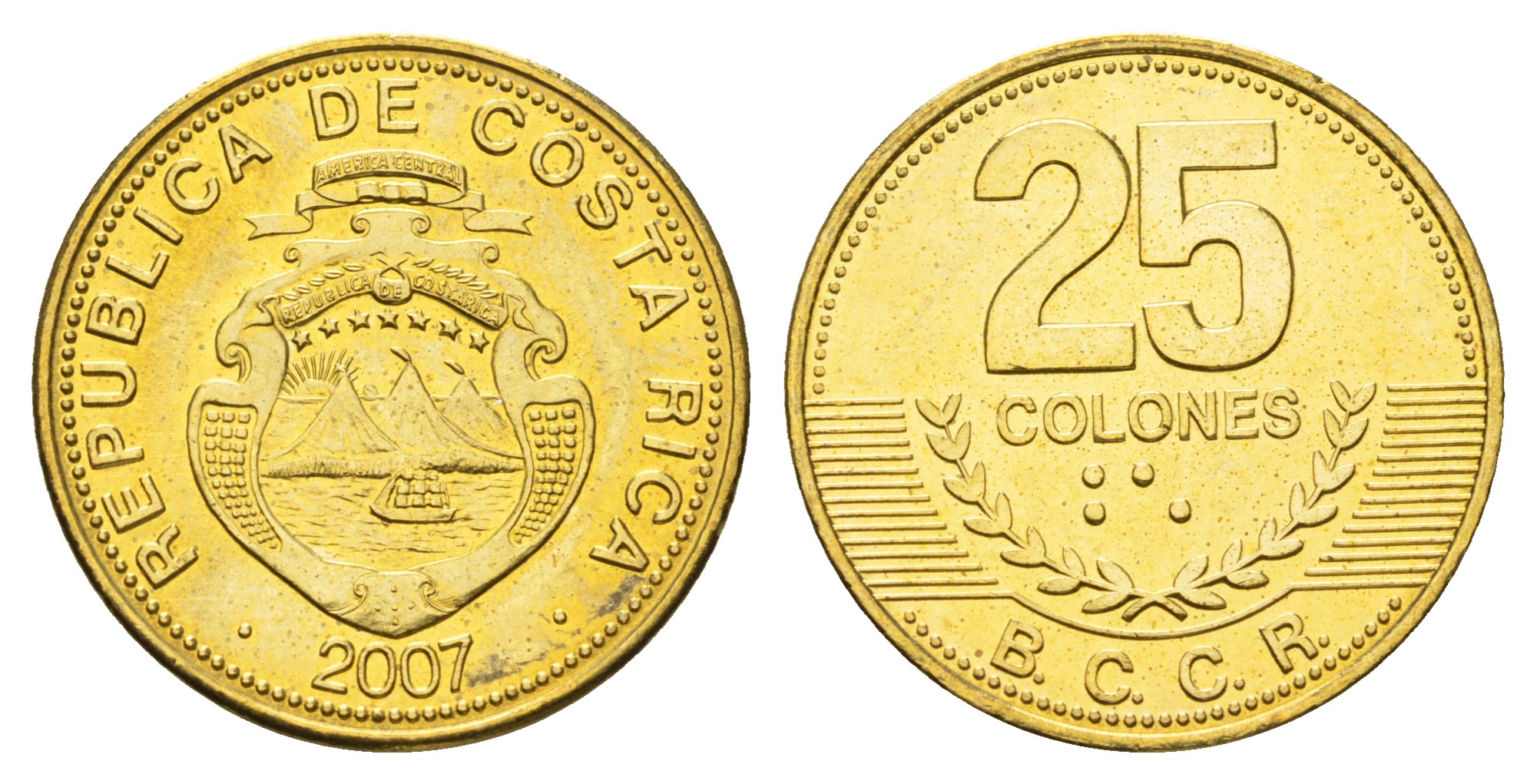 Коста-Рика 25 колонов 2007  KM 229c сталь плакированная латунью UNC M84-10