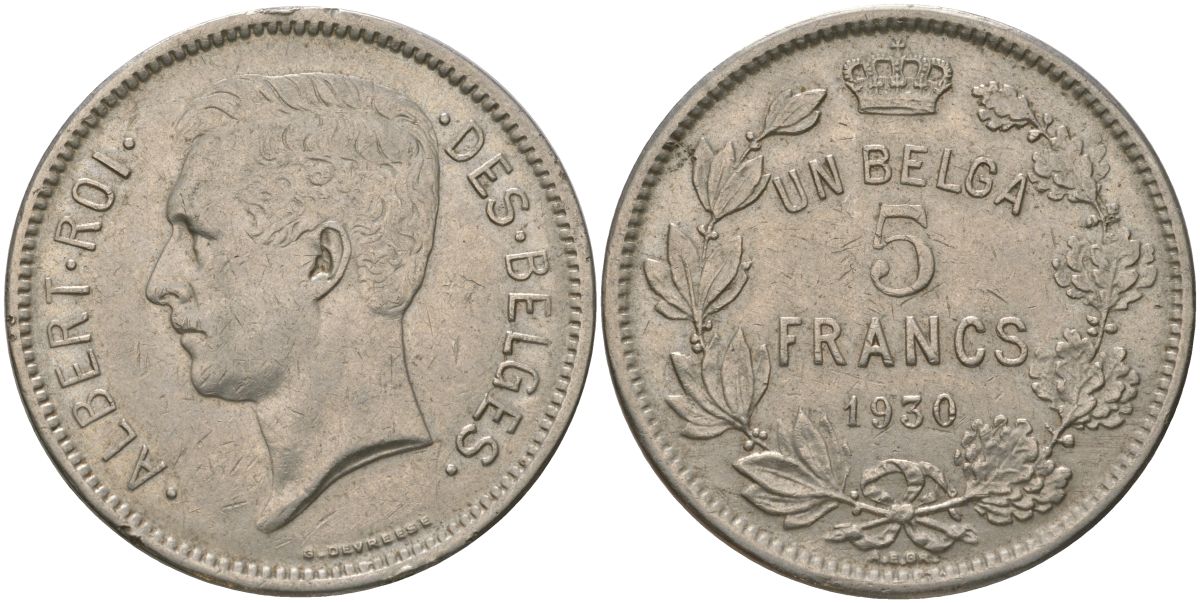 Бельгия 5 франков 1930 Belges, Альберт I (1909-1934) KM 97 никель 4157-1115