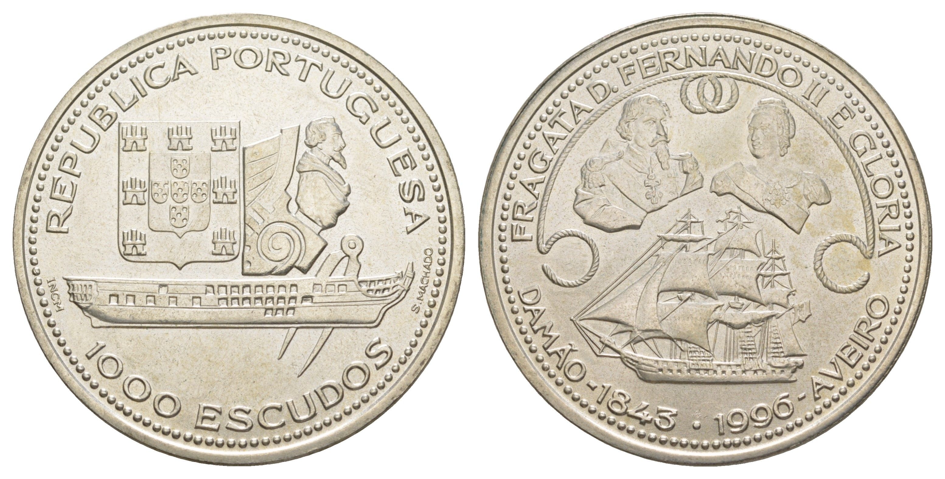Португалия 1000 эскудо 1996 Восстановление фрегата Фернандо II "Gloria" KM 688 серебро BU 1088-1-23