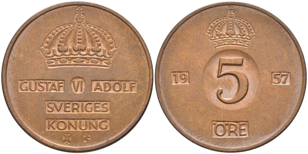 Швеция 5 эре 1957 TS, Густав VI Адольф (1950-1973) KM 822 бронза 4557-746