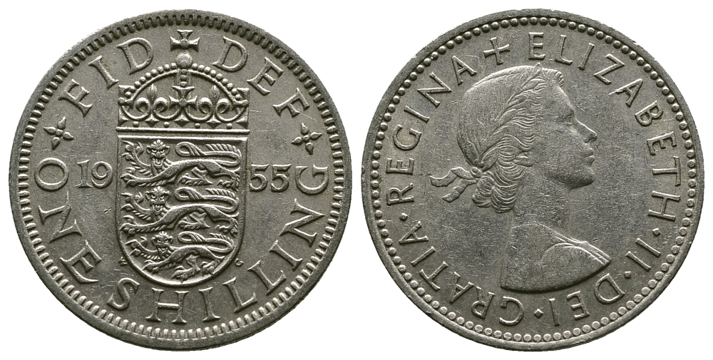 Великобритания 1 шиллинг 1955 Елизавета II (1952-2022), Английский герб KM 904, Spink 4147 медно-никель 4384-325