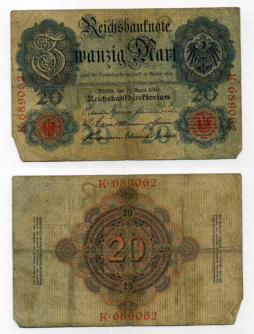 Германия 20 марок 1910 6 значный номер Pick 40 a бумага 8619-40-2-1