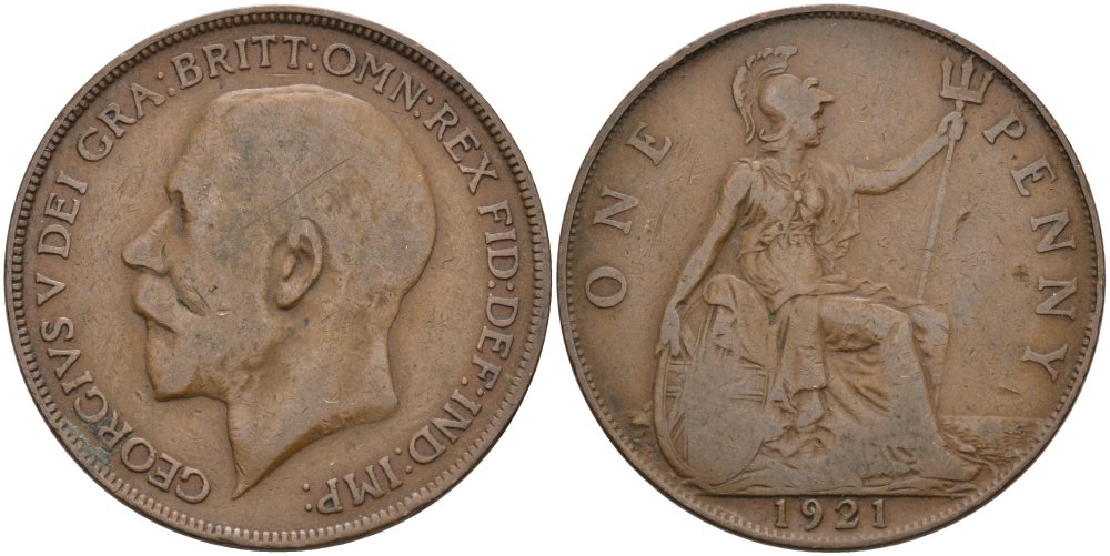 Великобритания 1 пенни 1921 Георг V (1910-1936) KM 810, Spink 4051 бронза 97-321