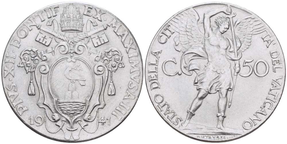 ВАТИКАН 50 ЧЕНТЕЗИМО 1941 ГОД III, ПАПА ПИЙ XII (1939-1958), АРХАНГЕЛ МИХАИЛ KM 25а нержавеющая сталь XF 3896-1624