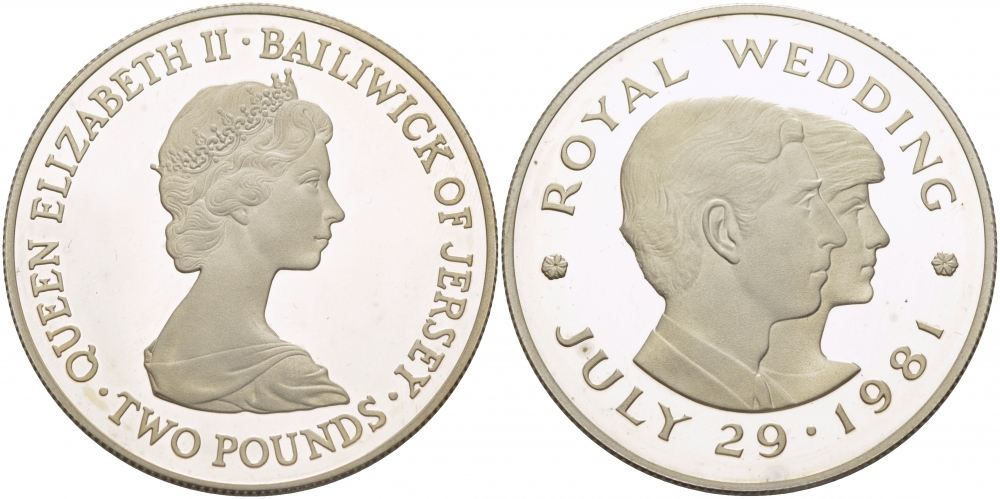Джерси 2 фунта 1981 королевская свадьба принца Чарльза и леди Дианы Спенсер, 29 июля 1981 года KM 52a серебро PROOF 04-136-15