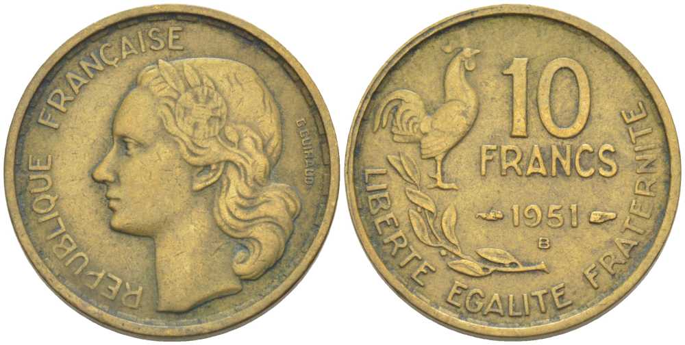 Франция 10 франков 1951 B, петух KM 915.2, Le Franc 363.5 алюминиевая бронза 175-634