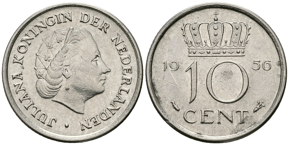 НИДЕРЛАНДЫ 10 ЦЕНТОВ 1956 ЮЛИАНА KM 182 никель 96-434