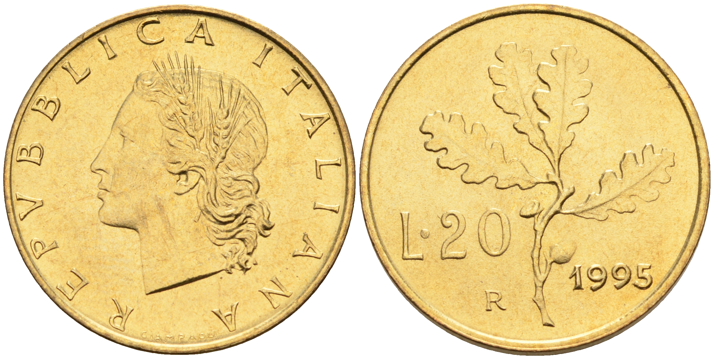 Италия 20 лир 1995 R, дубовый лист KM 97.2 алюминиевая бронза  UNC  4594-966
