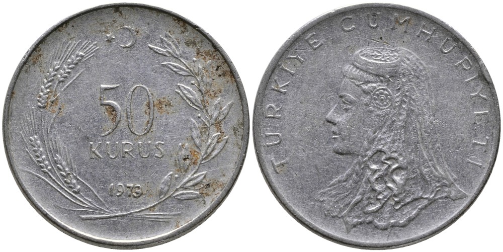 Турция 50 курушей 1973 Анатолийская невеста KM 899 нержавеющая сталь 4541-817