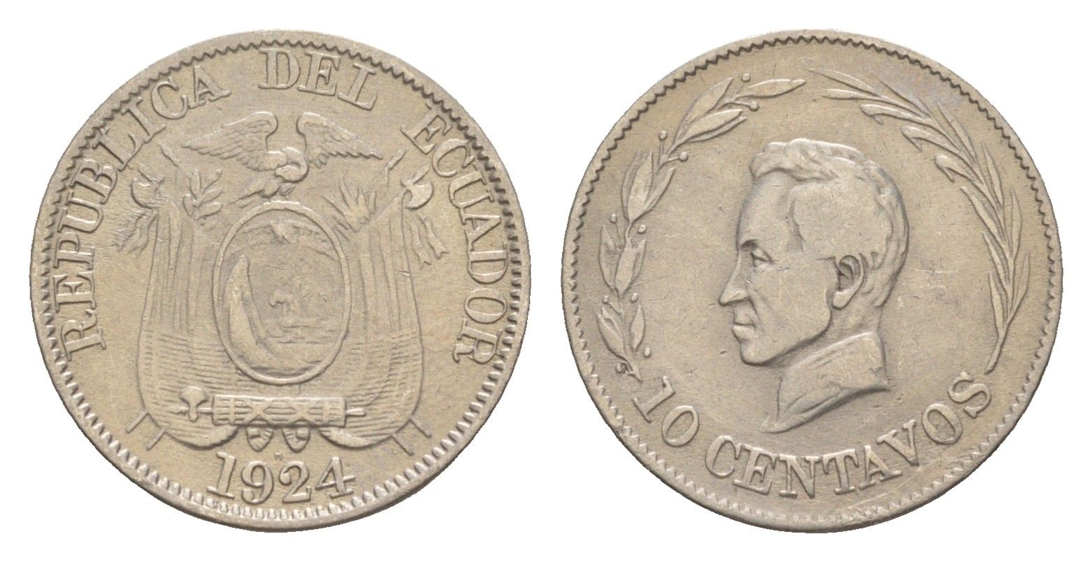 Эквадор 10 сентаво 1924 KM 66 медно-никель 1528-1414