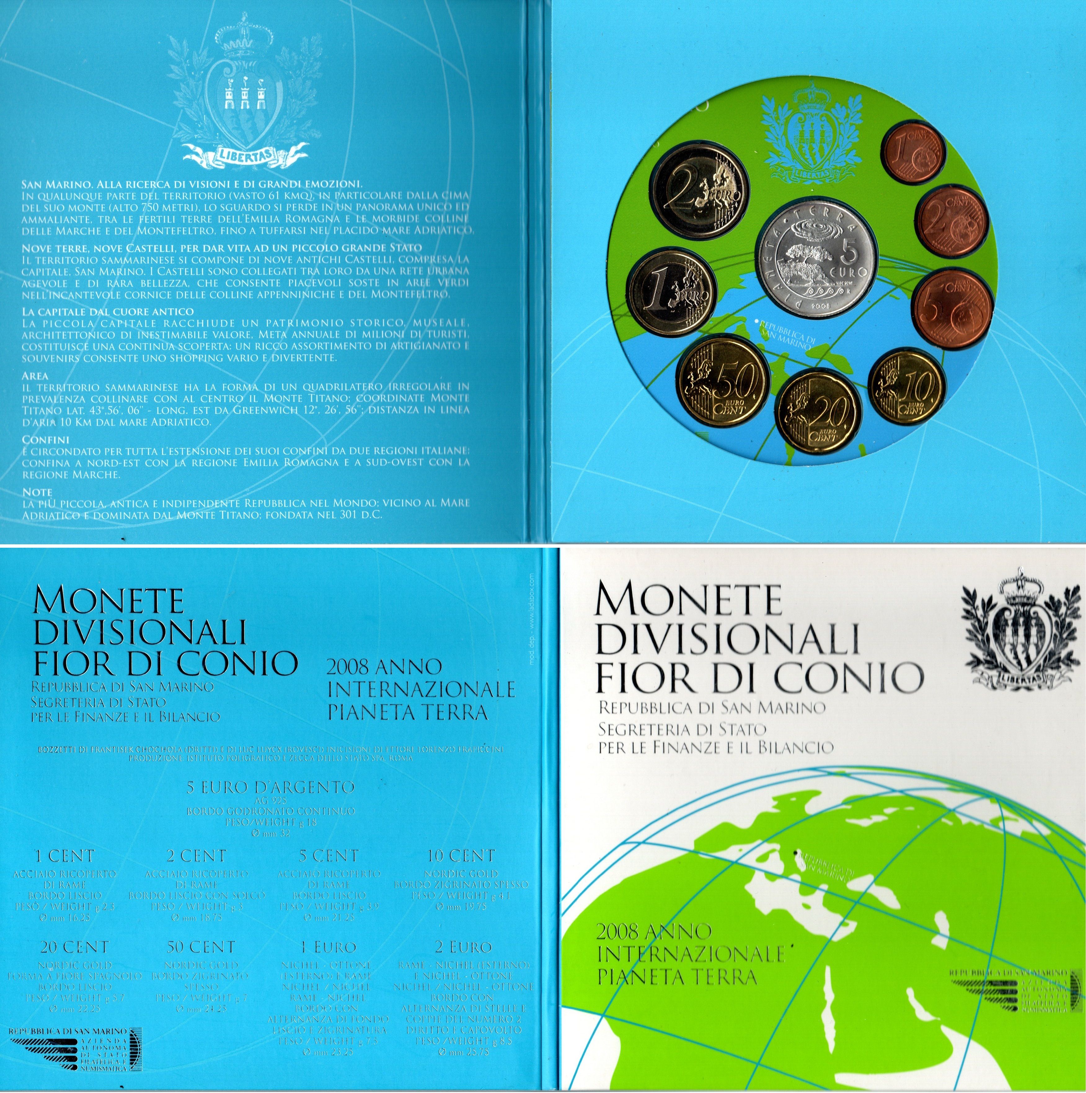 Сан-Марино годовой набор из 9 монет (1, 2, 5, 10, 20 и 50 евроцентов; 1, 2 и 5 евро) 2008 в оригинальном буклете, тираж 50.000 экземпляров KM MS69 (440, 441, 442, 482, 483, 484, 485, 486 и 512) BU 8-2-01-34