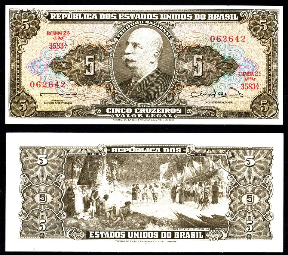 Бразилия 5 крузейро ND (1962-1964) Барон Рио-Бранку, завоевание Амазонии Pick 176 d бумага UNC (пресс) 2197-22-3-2