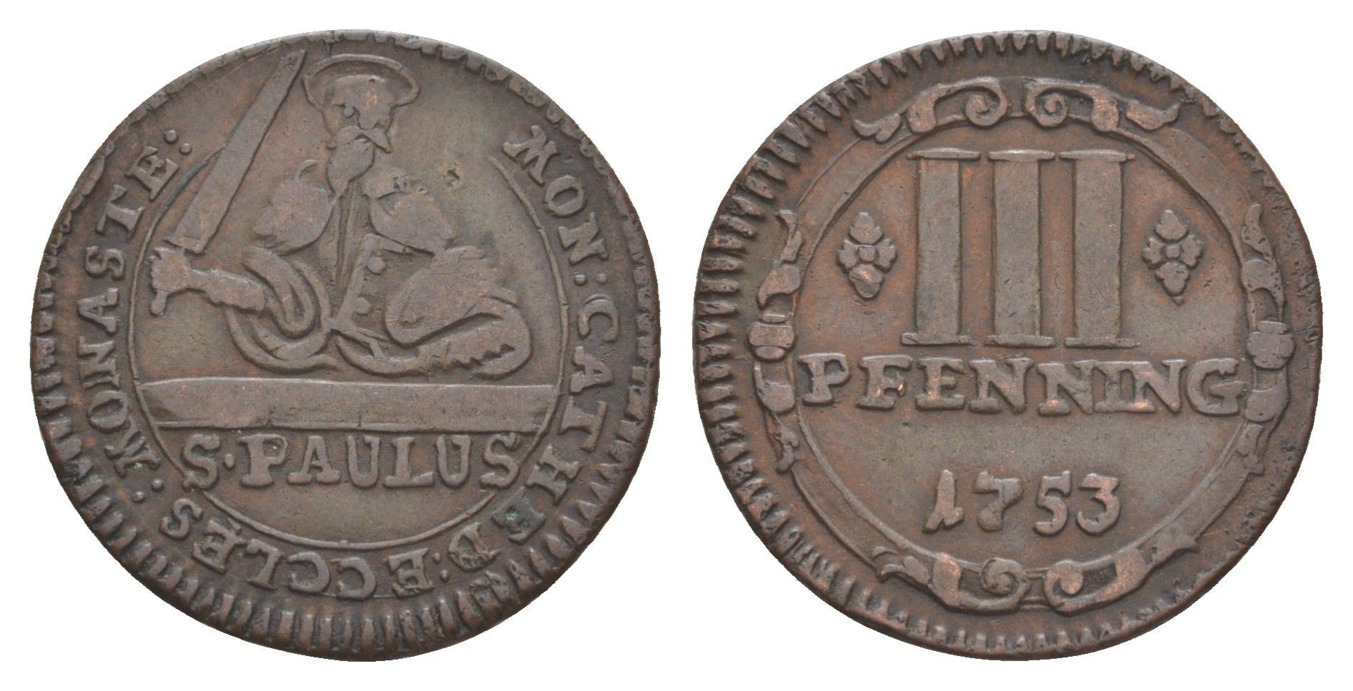 Мюнстер 3 пфеннига 1753 Монетный двор кафедрального капитула KM 430 медь 633-1544