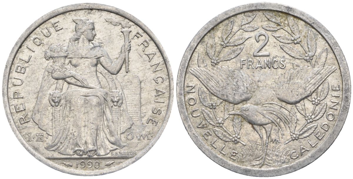 Французская Новая Каледония 2 франка 1990 птица кагу, (IEOM) KM 14, Schoen 11, Lec 66 алюминий    27-1155