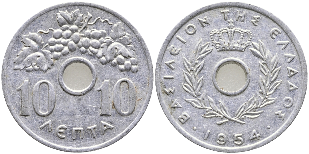 Греция 10 лепта 1954 Павел I (1947-1964), виноградная лоза KM 78 алюминий 28-812