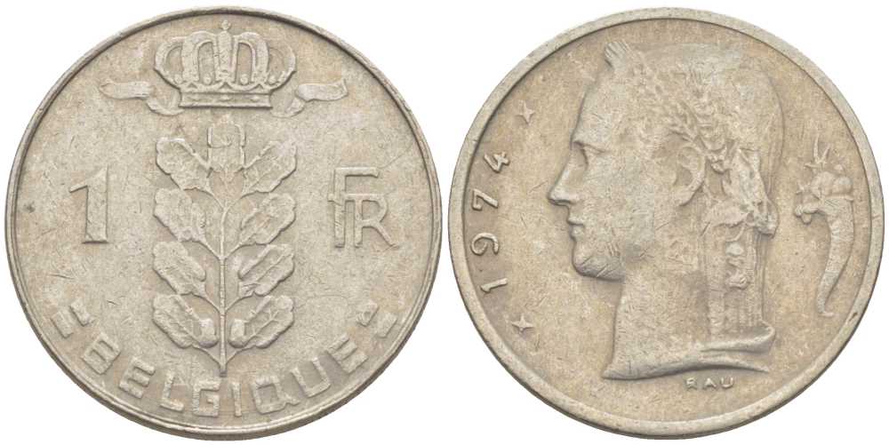 Бельгия 1 франк 1974 Belgique, Бодуэн I (1951-1993) KM 142.1 медно-никель 119-527