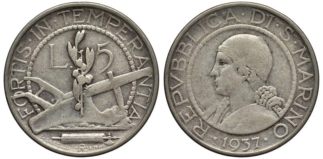 Сан-Марино 5 лир 1937 KM 9 серебро 27-955