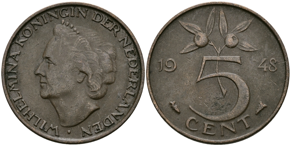 НИДЕРЛАНДЫ 5 ЦЕНТОВ 1948 ВИЛЬГЕЛЬМИНА KM 176 бронза 95-231