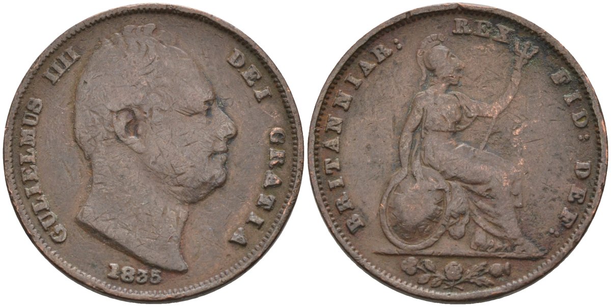 Великобритания 1 фартинг 1835 Вильгельм IV (1830-1837), медальный тип KM 705, Spink 3848 медь 4584-312