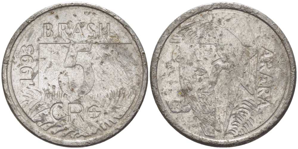 БРАЗИЛИЯ 5 КРУЗЕЙРО РЕАЛ 1993 РЕФОРМА 1993-1994, ПОПУГАИ АРА KM 627 нержавеющая сталь 4388-244