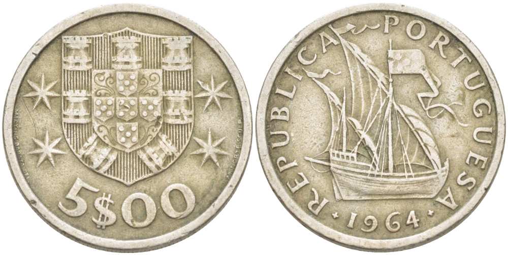 ПОРТУГАЛИЯ 5 ЭСКУДО 1964 ПАРУСНИК KM 591 медно-никель 4513-1036