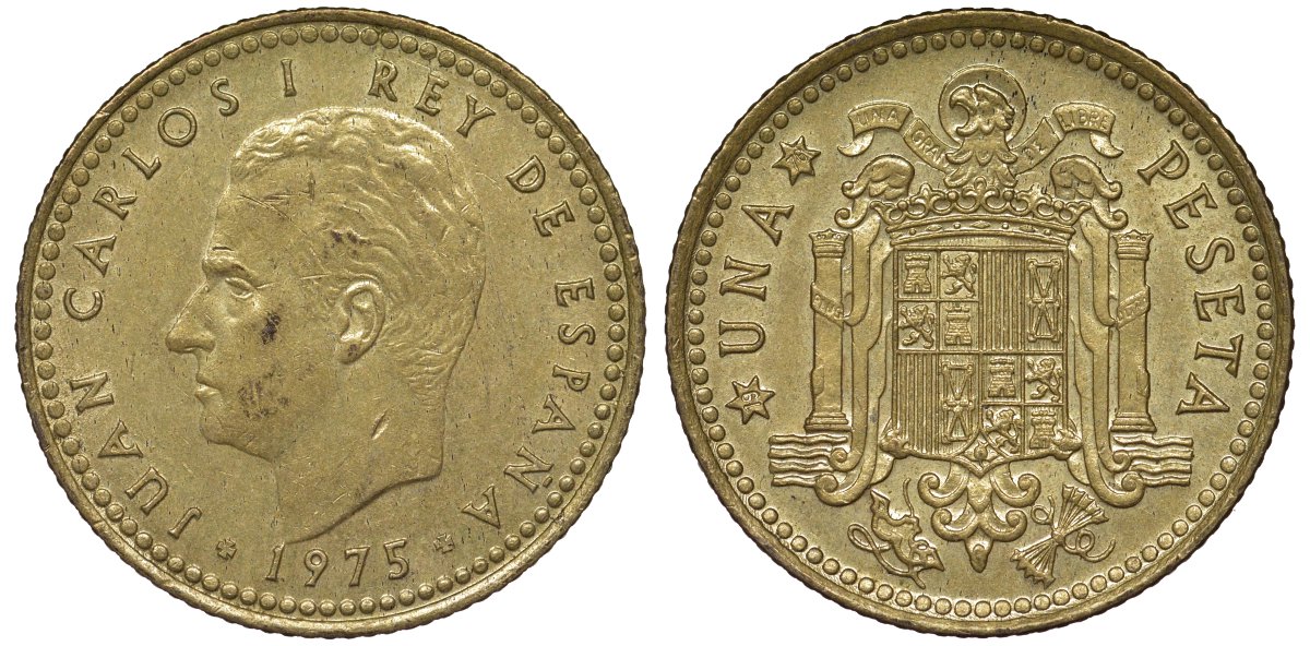 Испания 1 песета 1975 (76) Хуан Карлос I (1975-2001) KM 806 алюминиевая бронза 4128-937