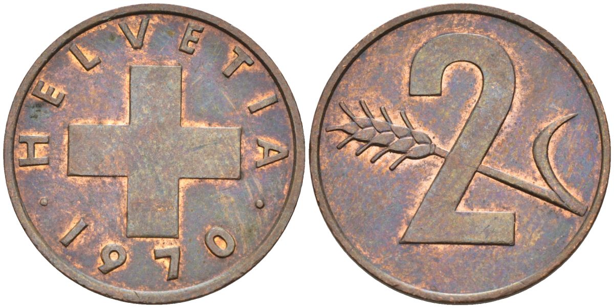 Швейцария 2 раппена 1970 KM 47 бронза 4592-642