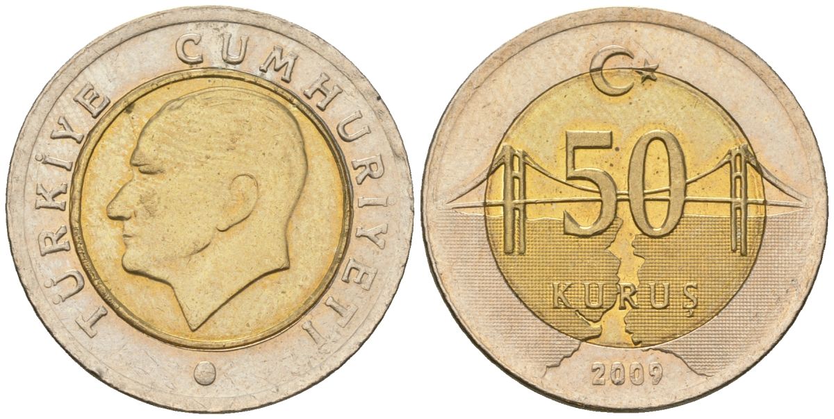 Турция 50 курушей 2009 KM 1243 биметалл 4610-1127