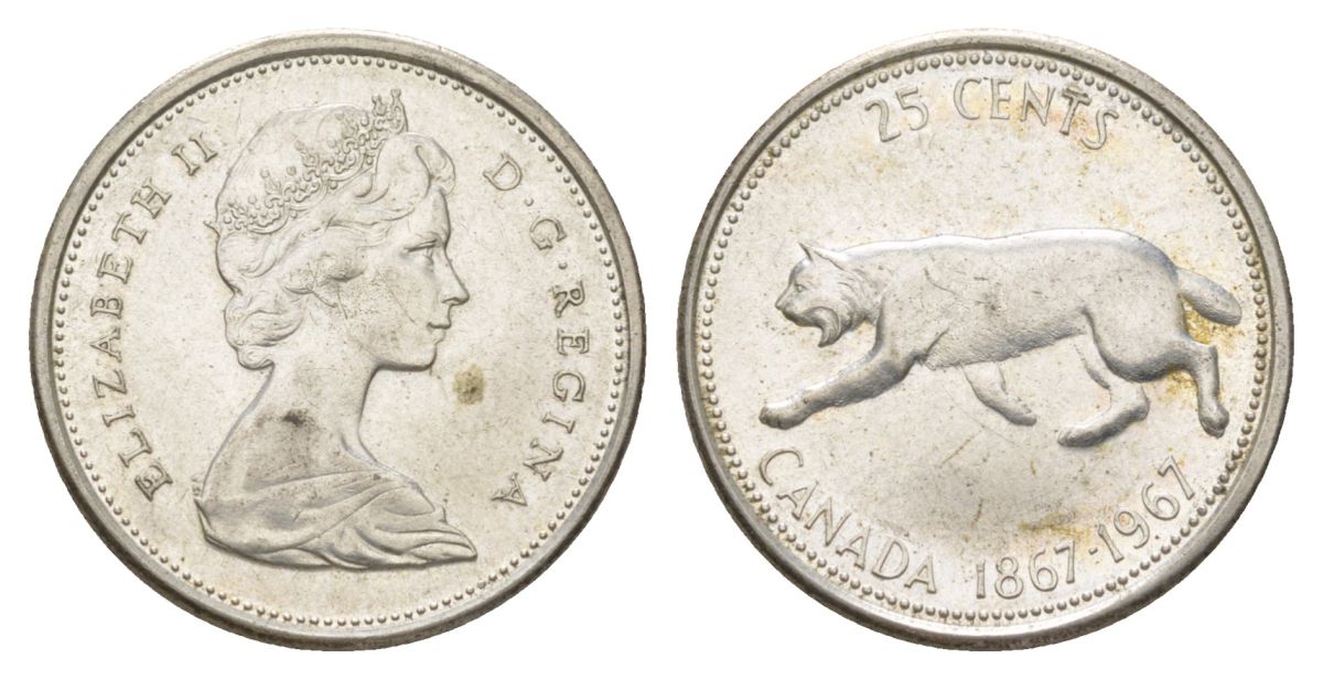 Канада 25 центов 1967 пума, 100 лет Конфедерации Канада, Ссеребро 0.800, вес 5,83 гр, диаметр 23,88 мм KM 67 серебро 4622-921