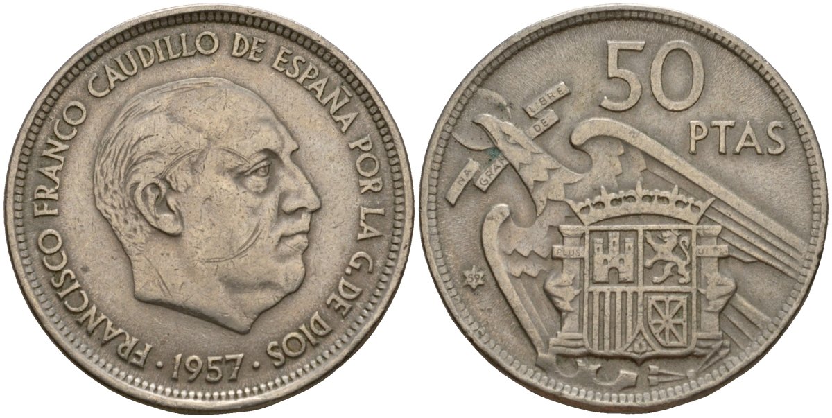 Испания 50 песет 1957 (59) Франсиско Франко (1939-1975) KM 788 медно-никель 4599-115