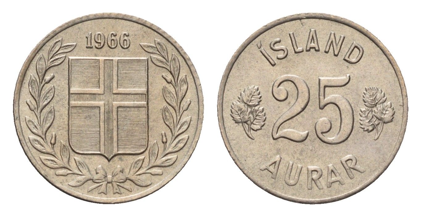 Исландия 25 эйре 1966 KM 11 медно-никель UNC 4690-641