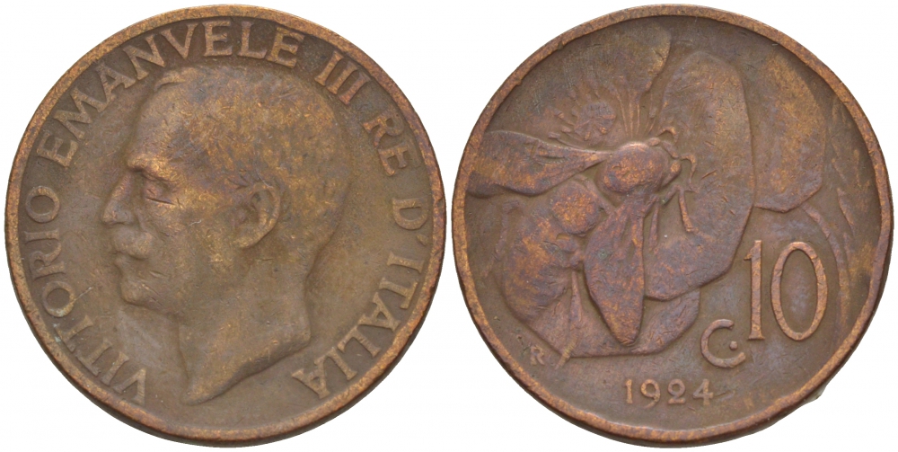 ИТАЛИЯ 10 ЧЕНТЕЗИМО 1924 R, ВИКТОР ИМАНУИЛ, ПЧЕЛА KM 60 медь 4544-1053