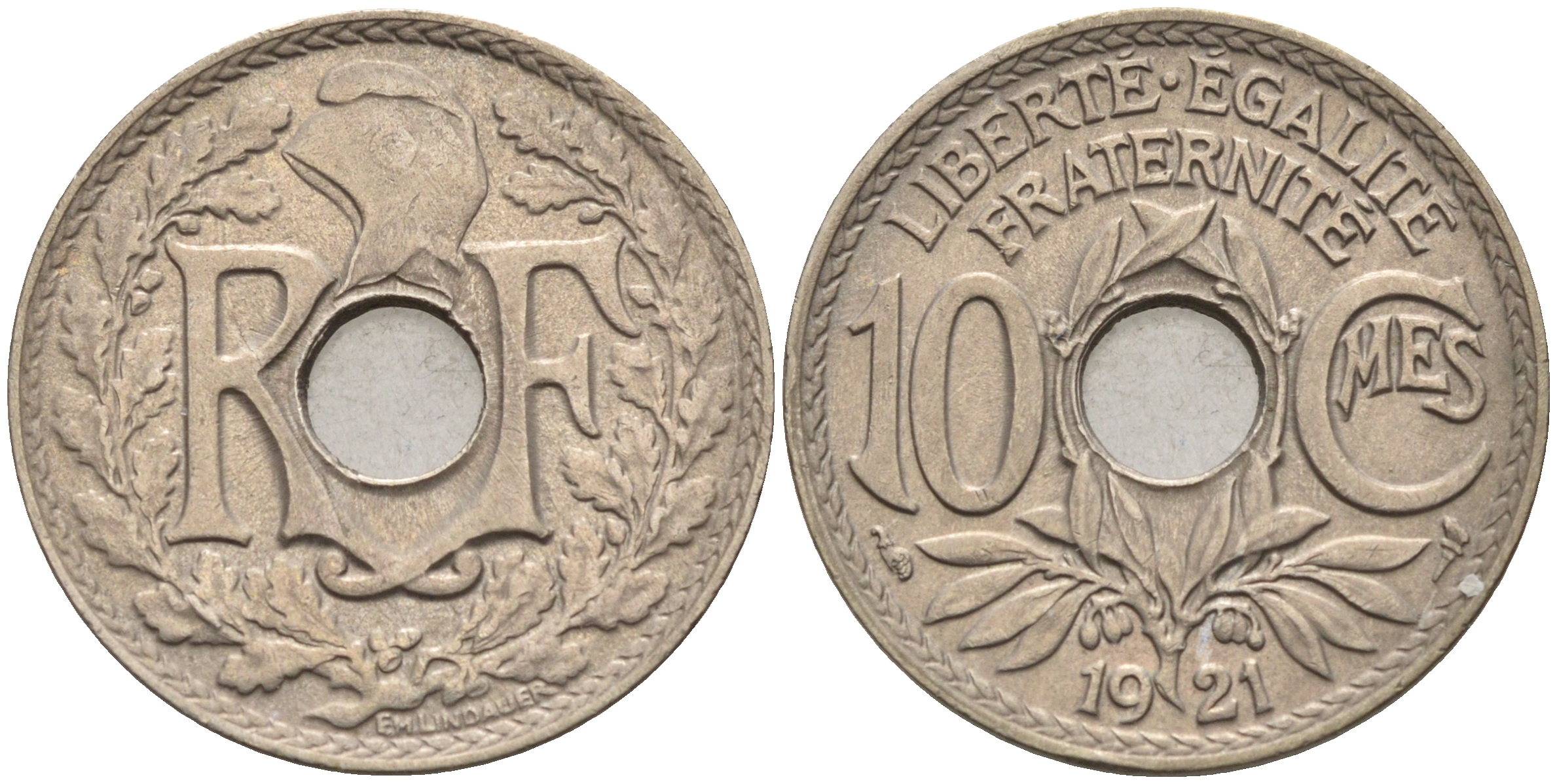 Франция 10 сантимов 1921 тип Линдайё KM 866a, Le Franc 138.3 медно-никель 4116-447