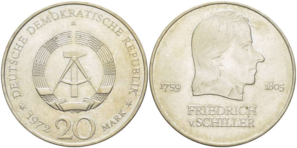 ГДР 20 марок 1972 А, Фридрих Шиллер (1759-1805) KM 40 медно-никель 4521-645