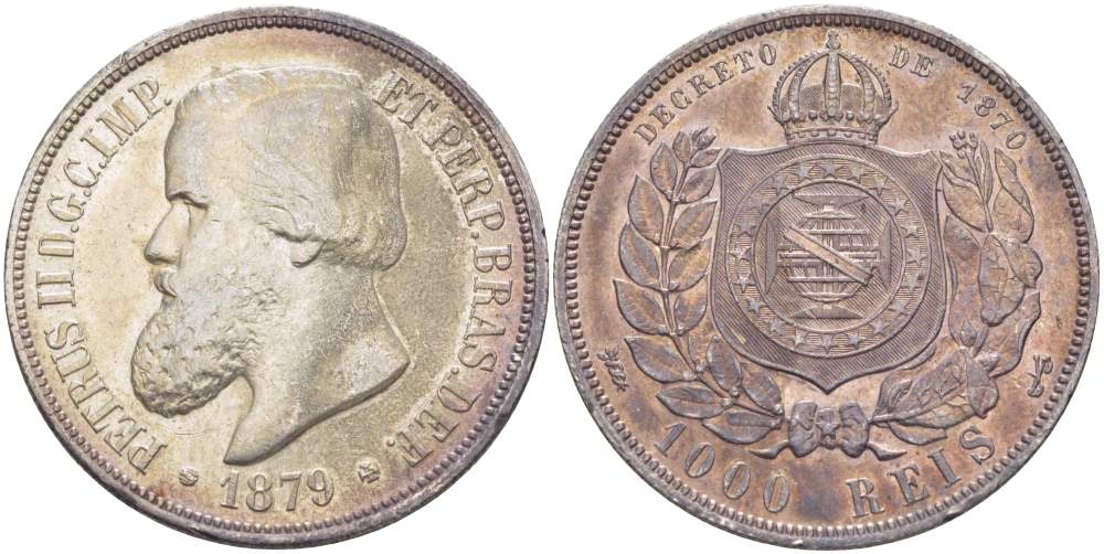 Бразилия 1000 рейс 1879 Педро II (1831-1889) KM 481 серебро 00-00