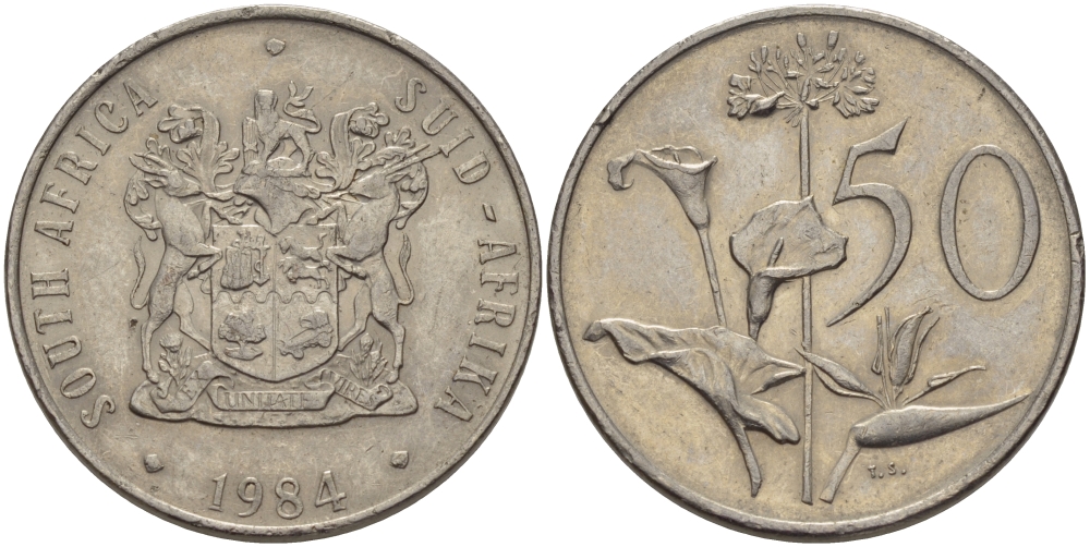 ЮАР 50 центов 1984 Зантедеския Эллиота (калла), герб KM 87 никель 32-1136